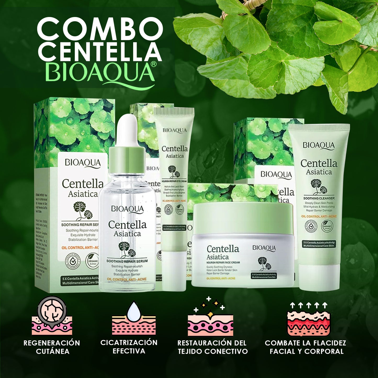 Combo Facial Centella Asiática Bioaqua x5 – Limpieza, Hidratación y Antiarrugas 🌿