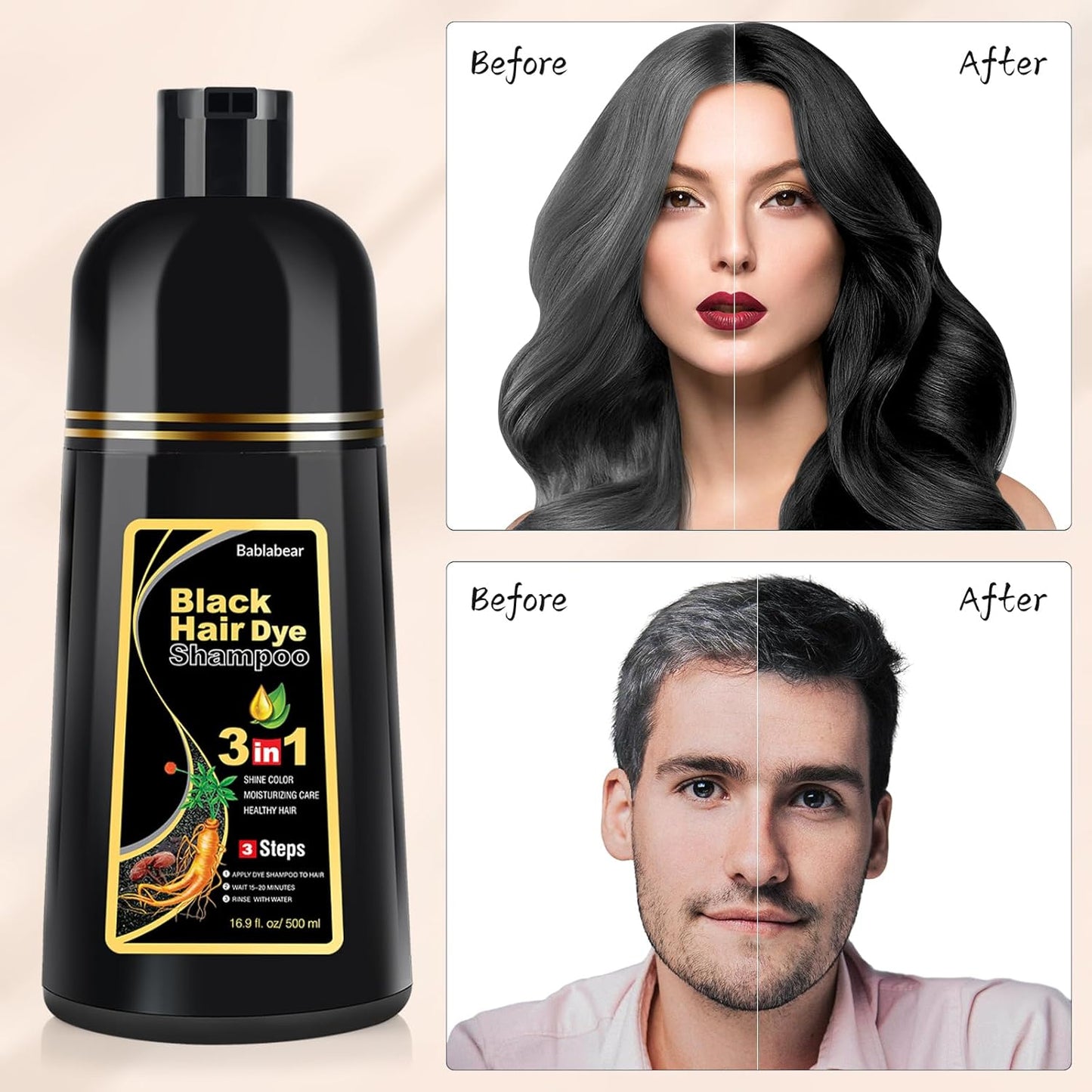 Shampoo Tinte Negro x3 – Cubre Canas al Instante con Henna y Argán 🖤✨