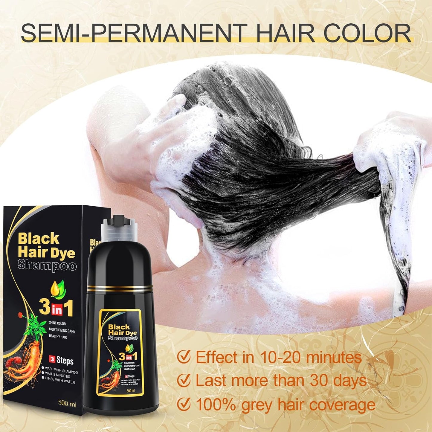 Shampoo Tinte Negro x3 – Cubre Canas al Instante con Henna y Argán 🖤✨